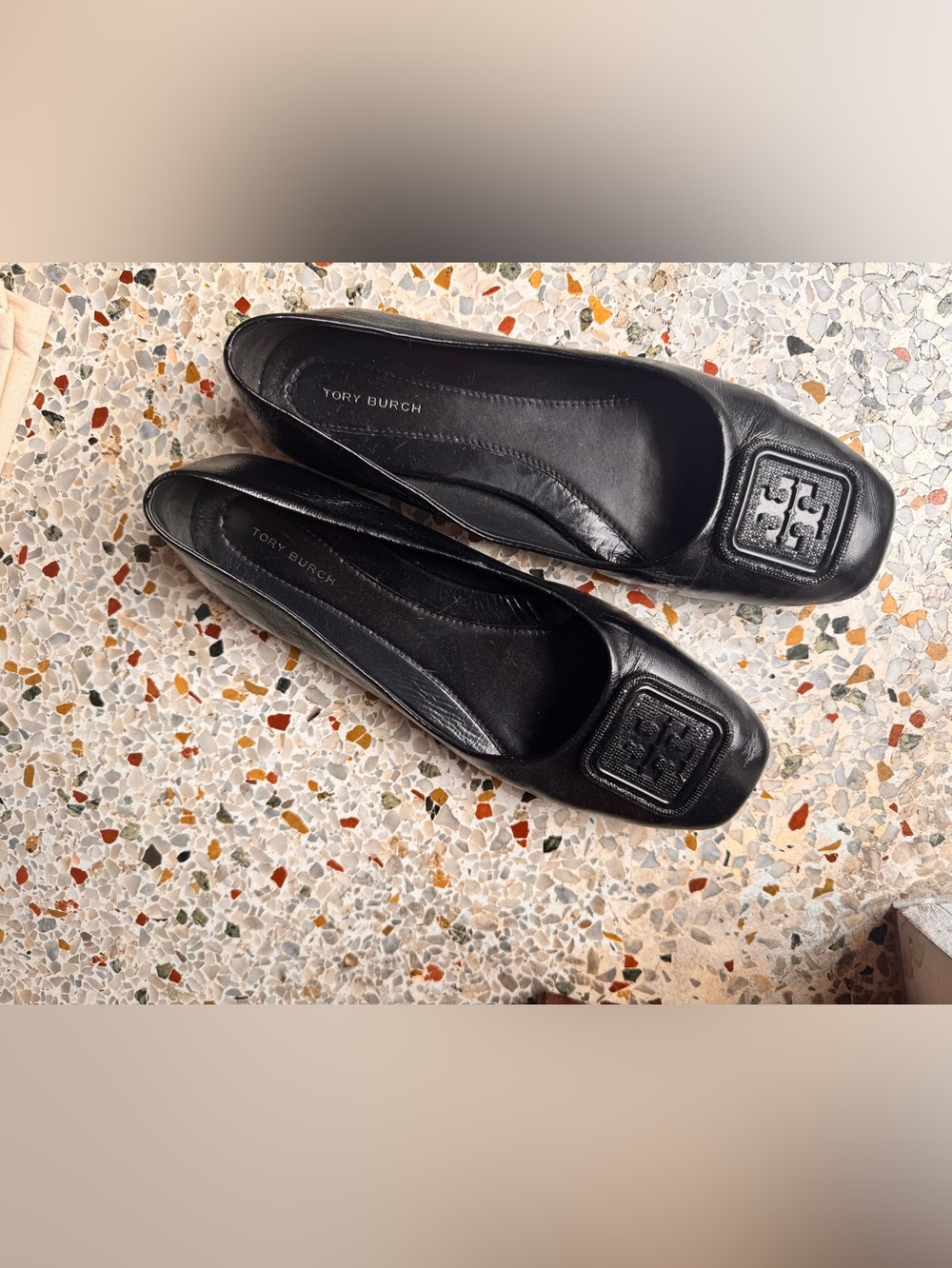Tory Burch Black Leather Square-Toe Logo Flats